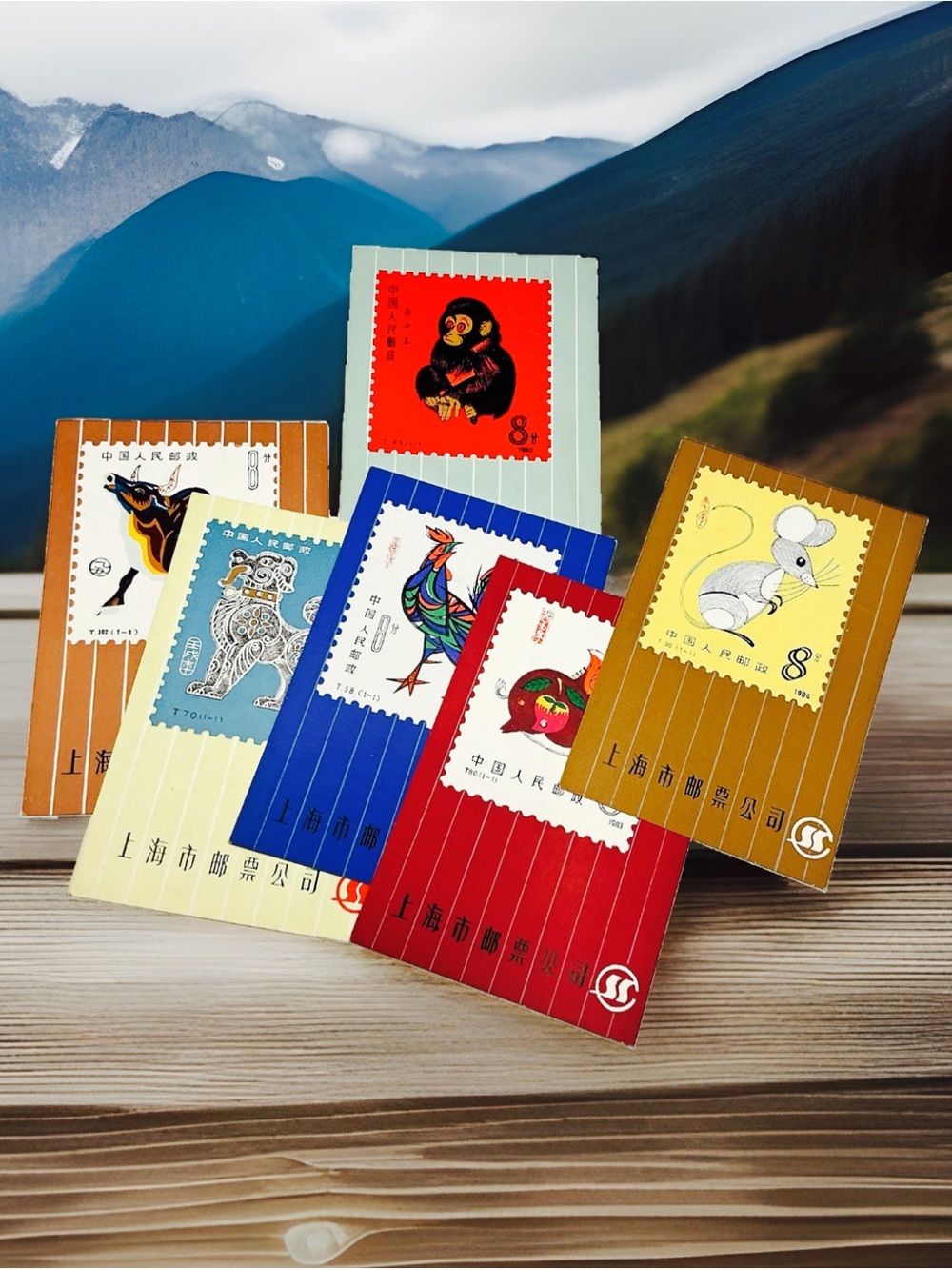 Vintage 80s Chinese Zodiac Stamp Design Postcards Set of 6
